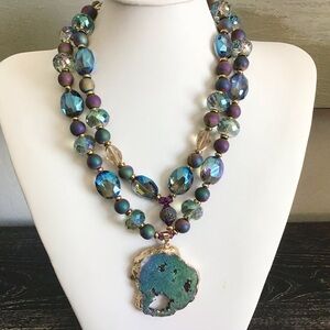 Double Strand Purple Crystals Natural Stone Druzy Pendant Necklace